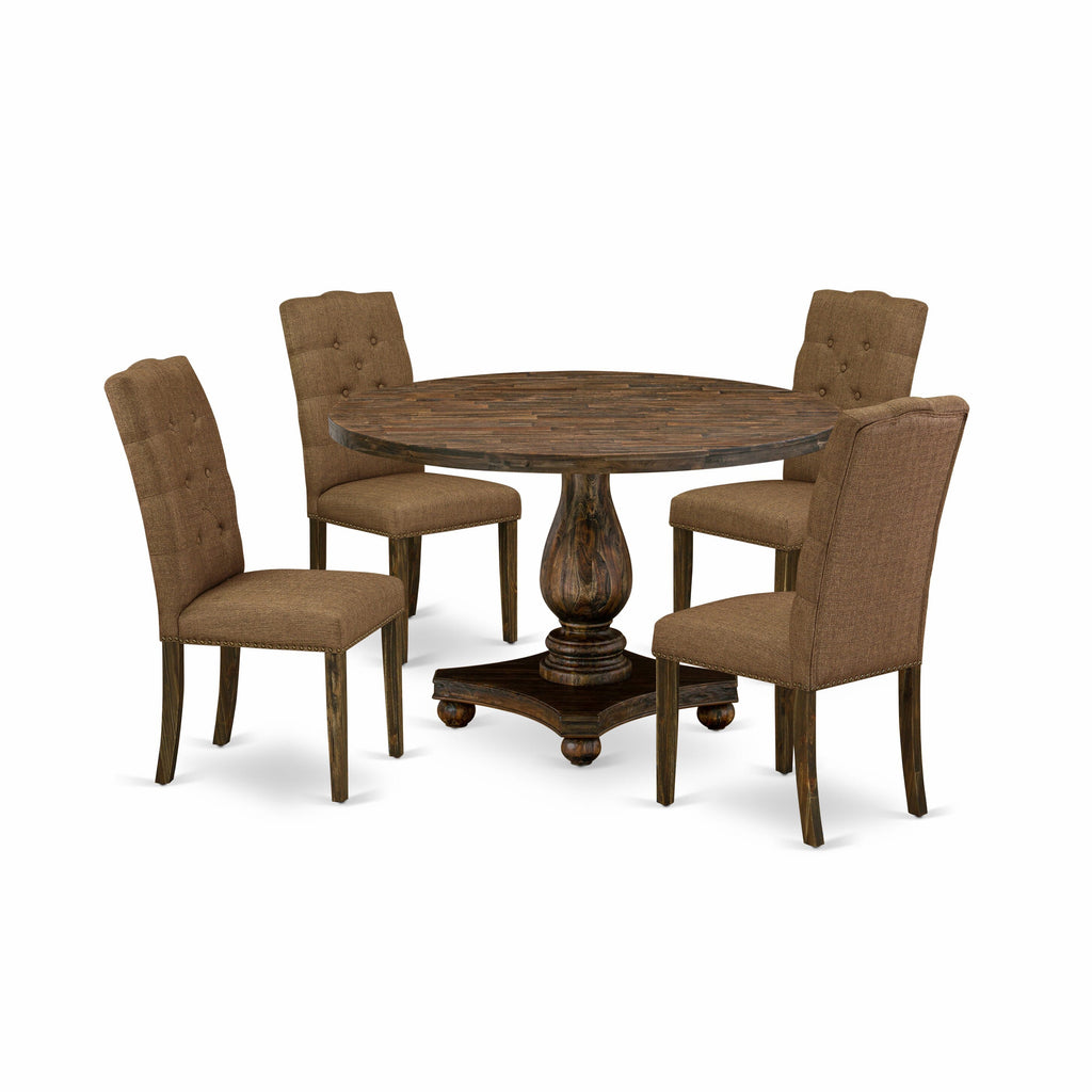 I2EL5-UG1 5-Piece Dining Ensemble - Distressed Jacobean Table and Brown Linen Upholstered Chairs