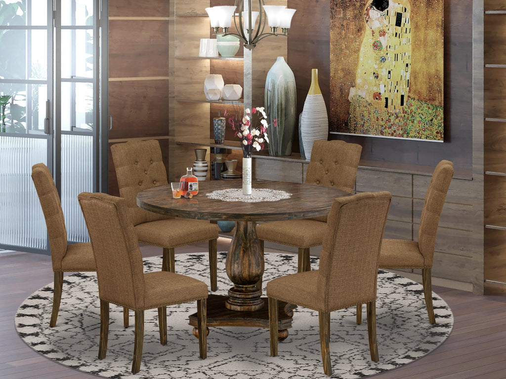 I2EL7-JY4 7-Piece Dining Set with Circular Table and 6 Stylish Brown Fabric Chairs, 48 Jacobean Finish