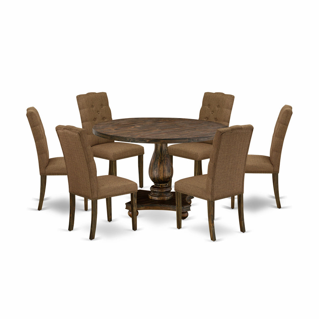 I2EL7-JY4 7-Piece Dining Set with Circular Table and 6 Stylish Brown Fabric Chairs, 48 Jacobean Finish