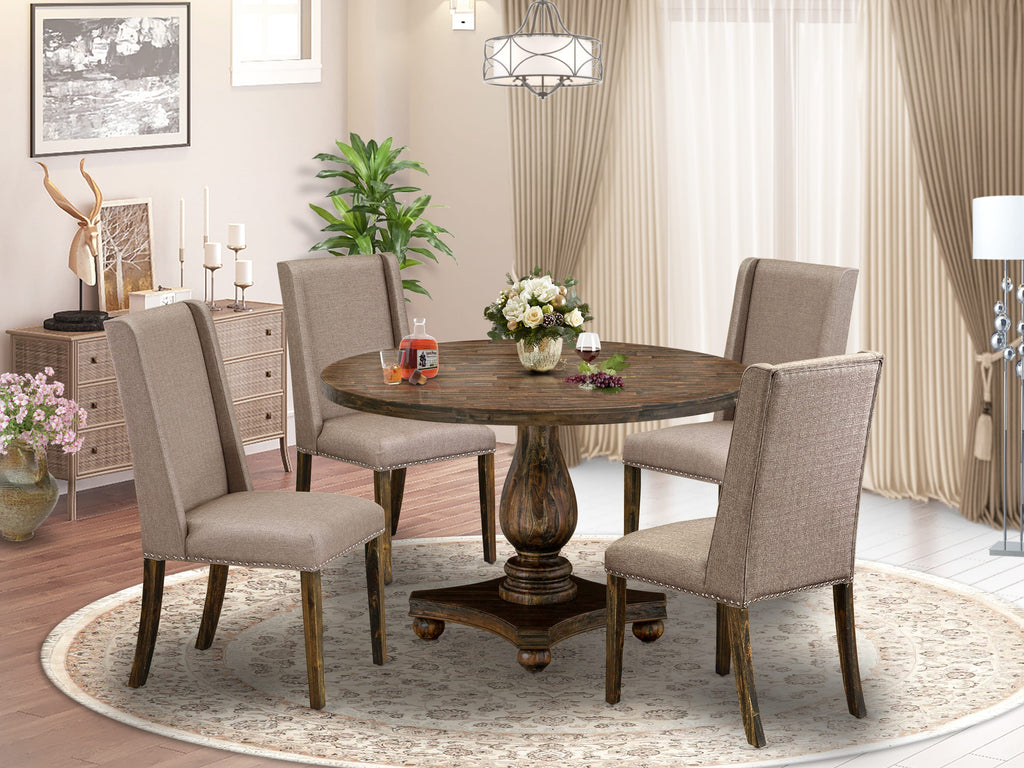 I2FL5-ZO3 Refined 5-Piece Set with Pedestal Table & Khaki Parson Chairs, Distressed Jacobean Finish