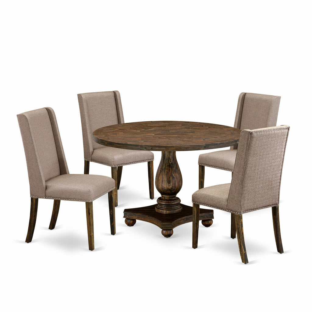 I2FL5-ZO3 Refined 5-Piece Set with Pedestal Table & Khaki Parson Chairs, Distressed Jacobean Finish