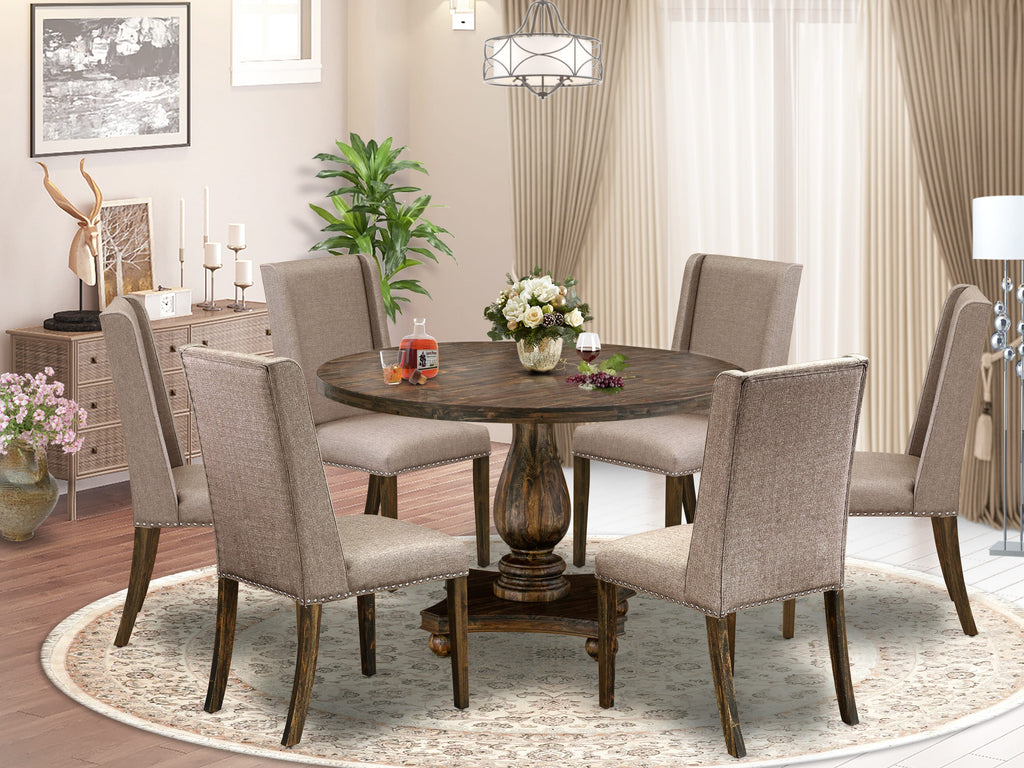 I2FL7-RDO 7 Seater Pedestal Dining Collection with Parson Seats Featuring Dark Khaki Linen