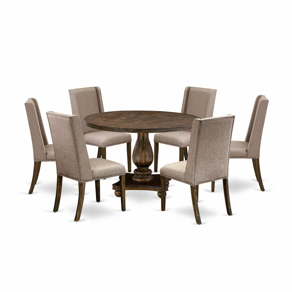 I2FL7-RDO 7 Seater Pedestal Dining Collection with Parson Seats Featuring Dark Khaki Linen