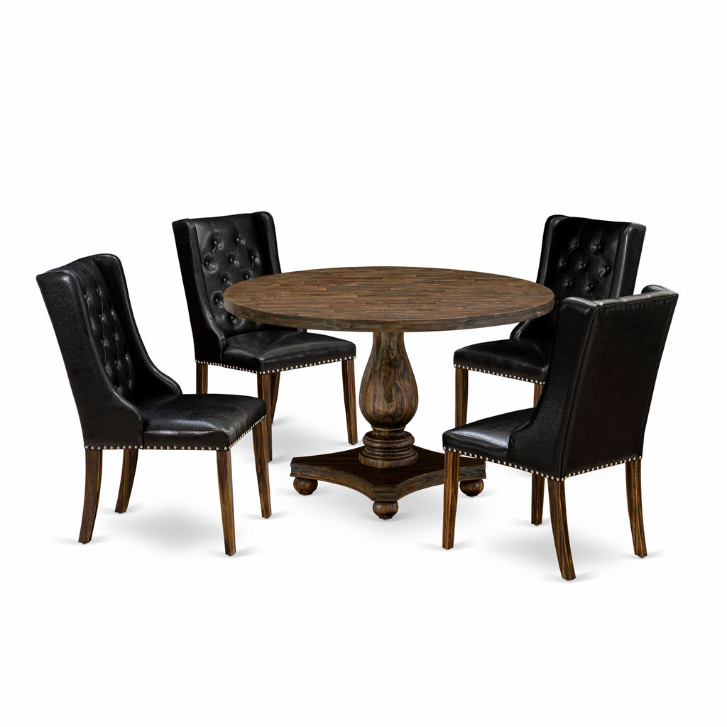 I2FO5-YU8 5-Piece Dining Ensemble with Round Table and Black Upholstered Seating, Distressed Jacobean Finish
