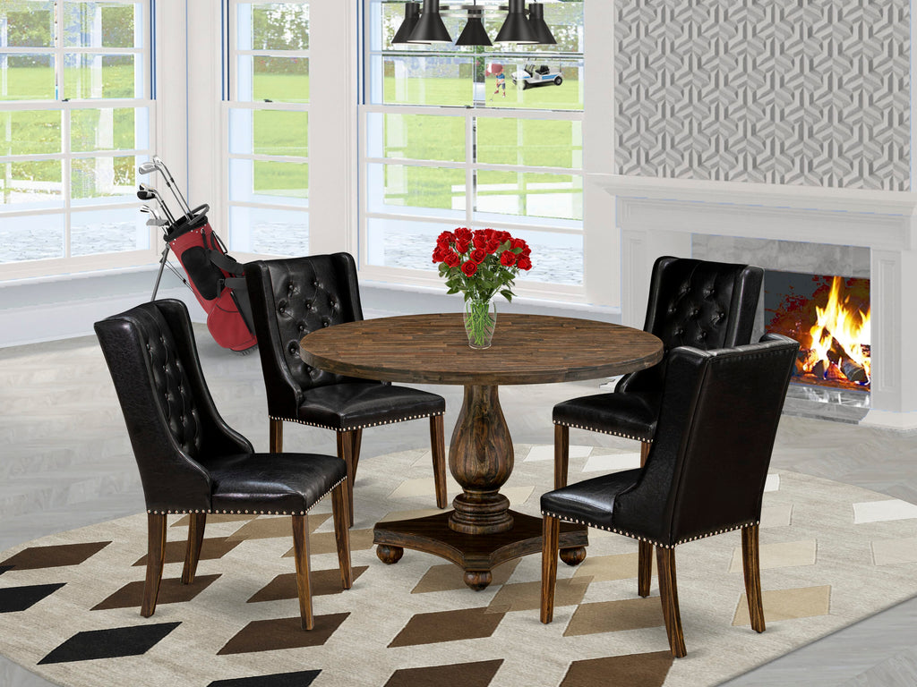 I2FO5-YU8 5-Piece Dining Ensemble with Round Table and Black Upholstered Seating, Distressed Jacobean Finish