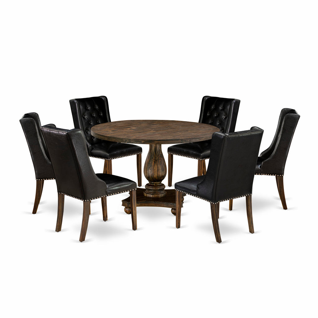 I2FO7-WNC Seven-Piece Dining Set Round Table with Base & Six Black Faux Leather Seats - 48 Distressed Jacobean