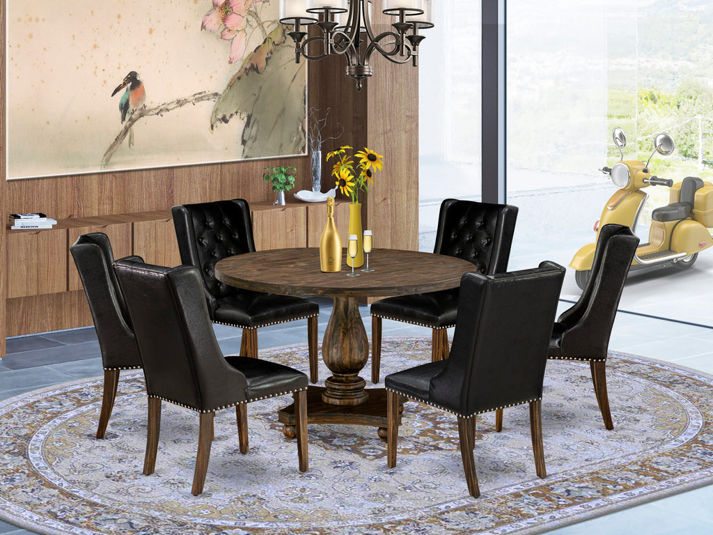 I2FO7-WNC Seven-Piece Dining Set Round Table with Base & Six Black Faux Leather Seats - 48 Distressed Jacobean