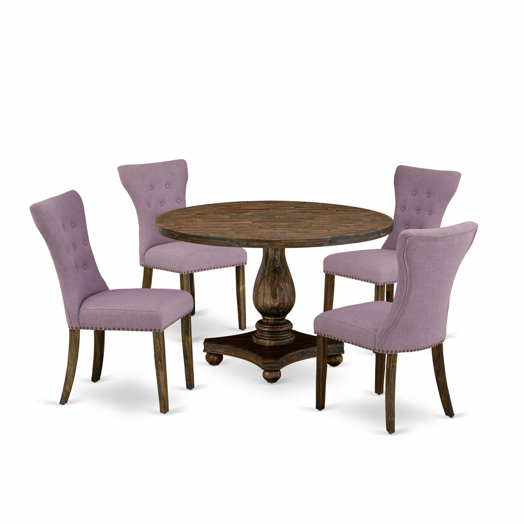 I2GA5-VLP 5-Piece Dining Ensemble with Pedestal Table and 4 Upholstered Chairs, 48 Distressed Brown