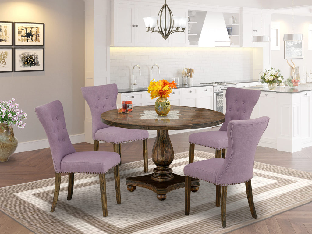 I2GA5-VLP 5-Piece Dining Ensemble with Pedestal Table and 4 Upholstered Chairs, 48 Distressed Brown