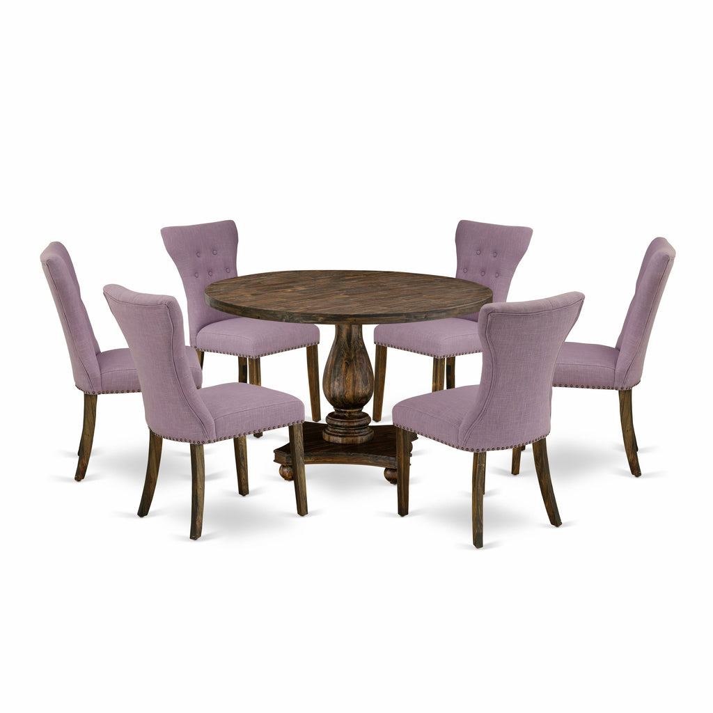 I2GA7-UV7 7-Piece Dining Collection With Circular Pedestal Table & 6 Linen Parson Seats, Rustic Jacobean Finish