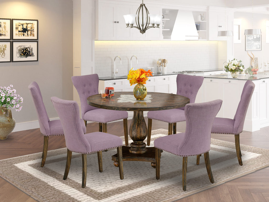 I2GA7-UV7 7-Piece Dining Collection With Circular Pedestal Table & 6 Linen Parson Seats, Rustic Jacobean Finish