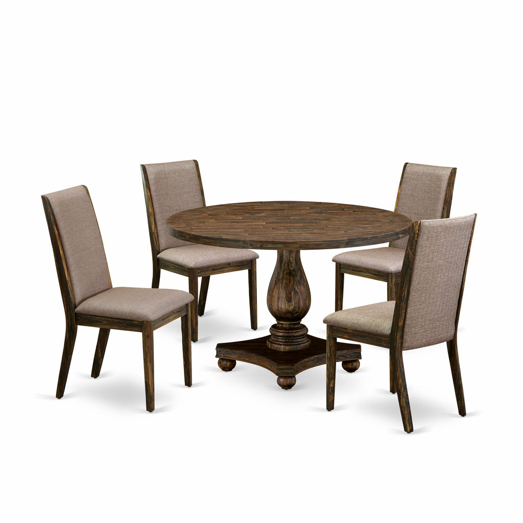 Elegant I2LA5-QVM Distressed Jacobean Set Table with Pedestal, Parson Chairs in Linen, 5-Piece Dining Arrangement