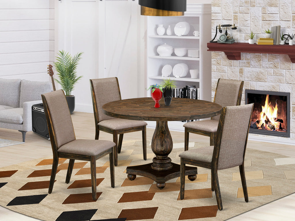 Elegant I2LA5-QVM Distressed Jacobean Set Table with Pedestal, Parson Chairs in Linen, 5-Piece Dining Arrangement