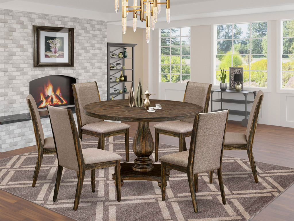 I2LA7-TKB 7-Piece Dining Ensemble Round Table with Pedestal & 6 Dark Khaki Upholstered Chairs, 48-inch