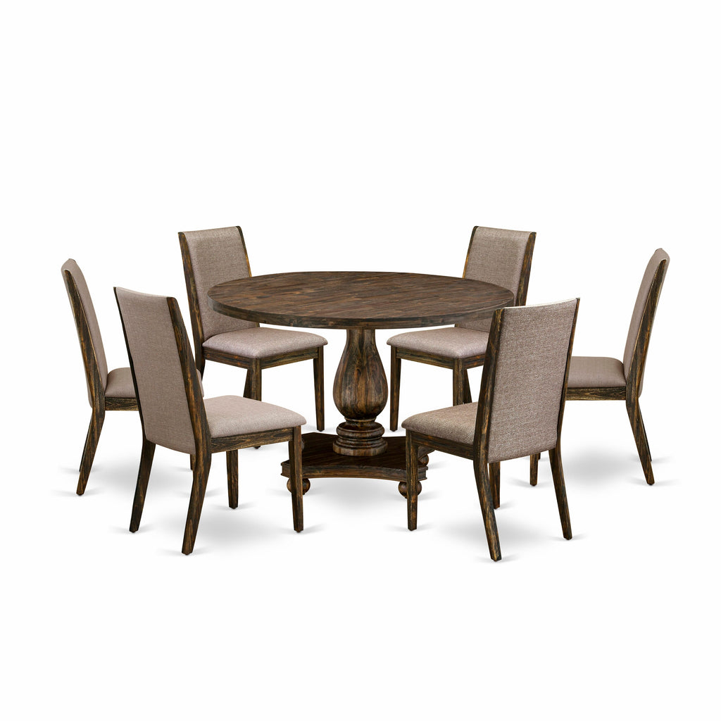 I2LA7-TKB 7-Piece Dining Ensemble Round Table with Pedestal & 6 Dark Khaki Upholstered Chairs, 48-inch