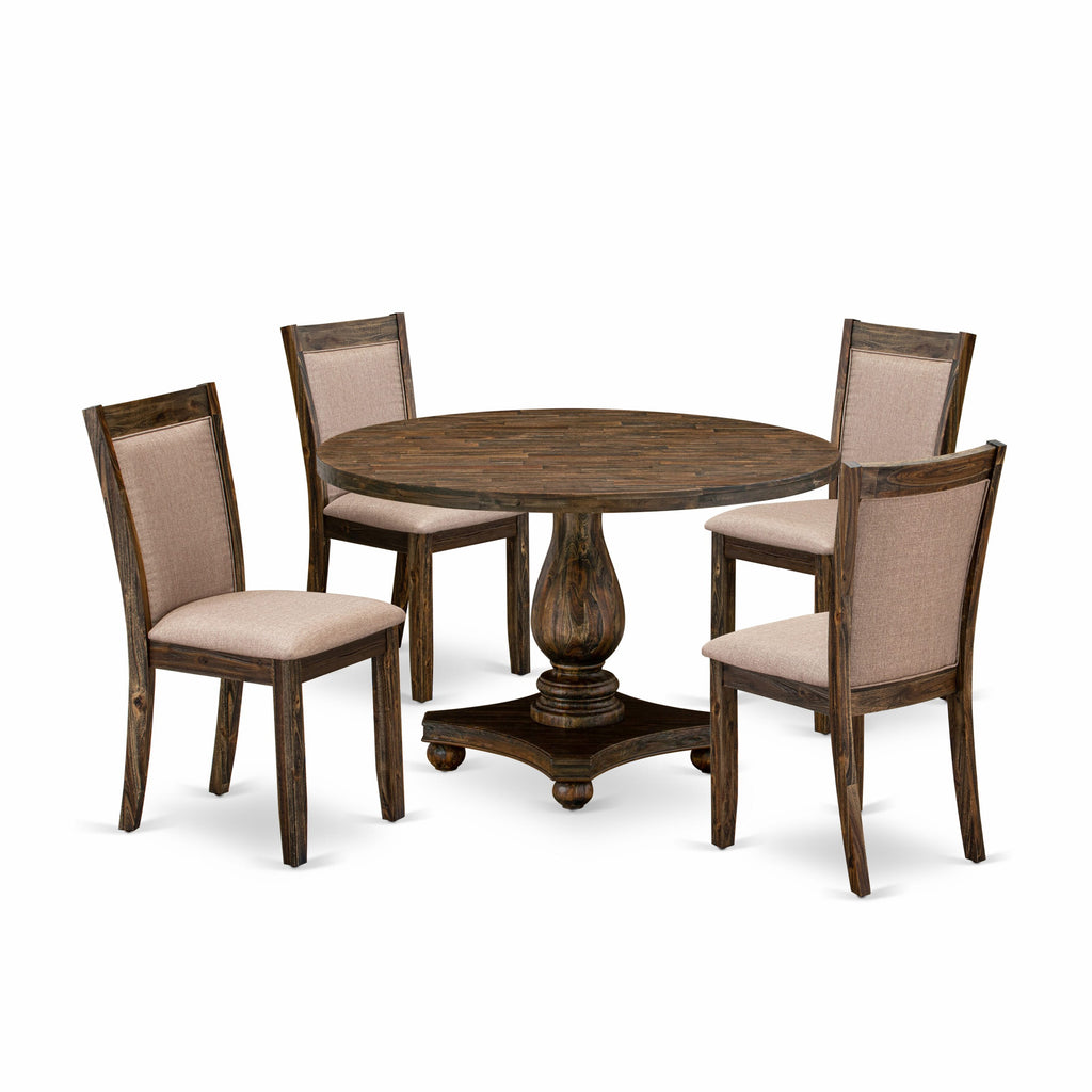 I2MZ5-KIM 5-Piece Dining Ensemble with Round Pedestal Table and 4 Linen Chairs in Dark Khaki Fabric, 48x48, Jacobean Finish
