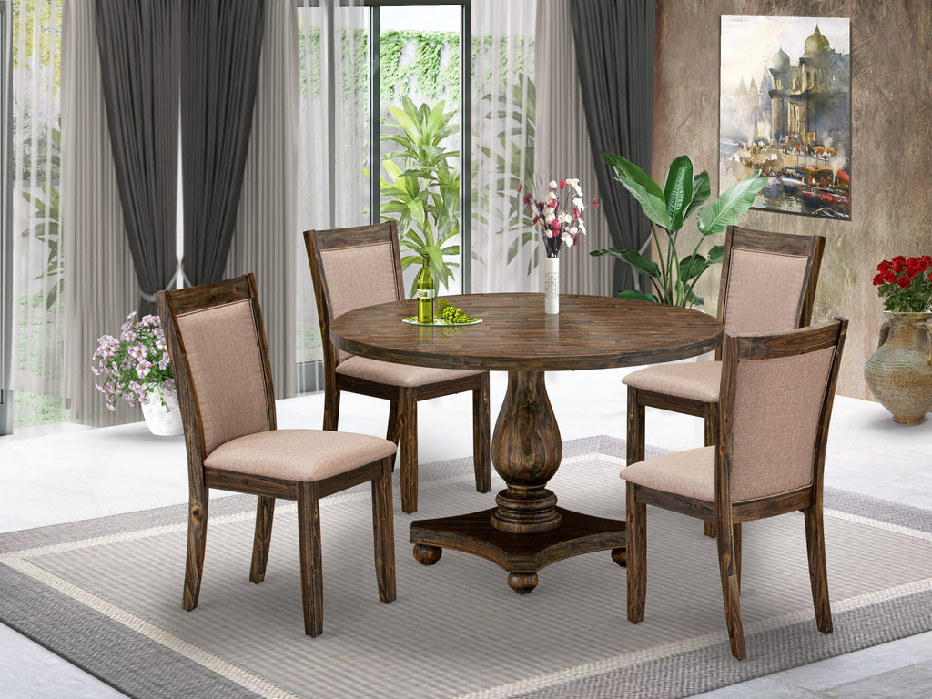 I2MZ5-KIM 5-Piece Dining Ensemble with Round Pedestal Table and 4 Linen Chairs in Dark Khaki Fabric, 48x48, Jacobean Finish