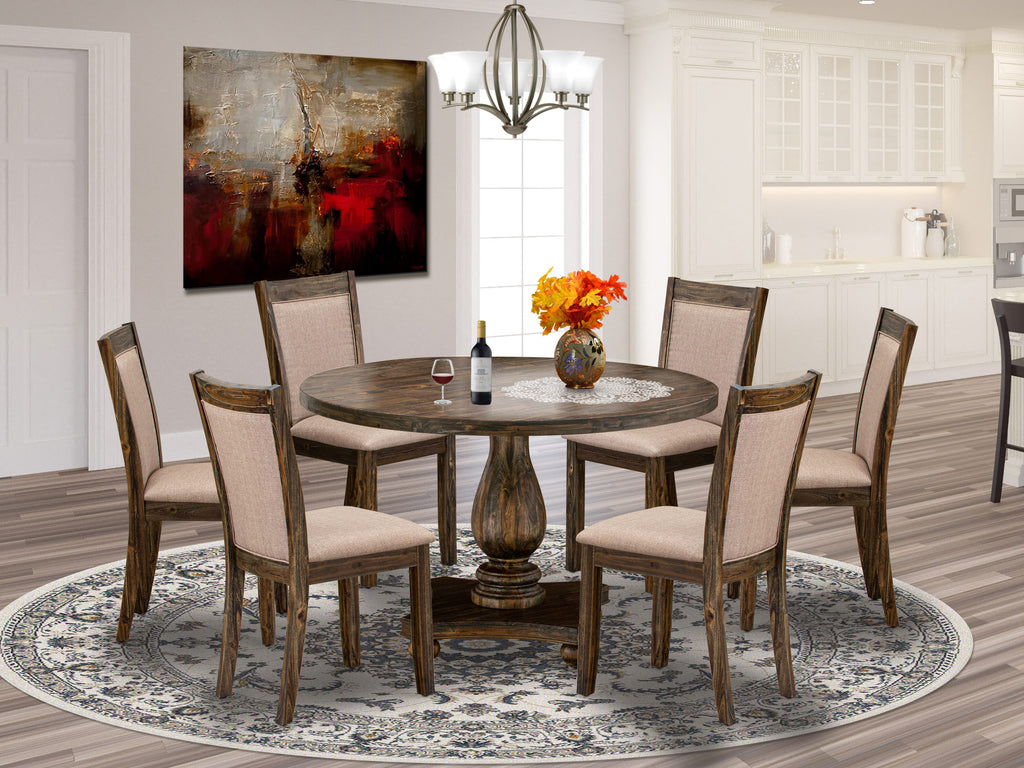 I2MZ7-TU5 Contemporary 7-Piece Dining Set with Pedestal Table and Linen Seats, Distressed Wood Finish