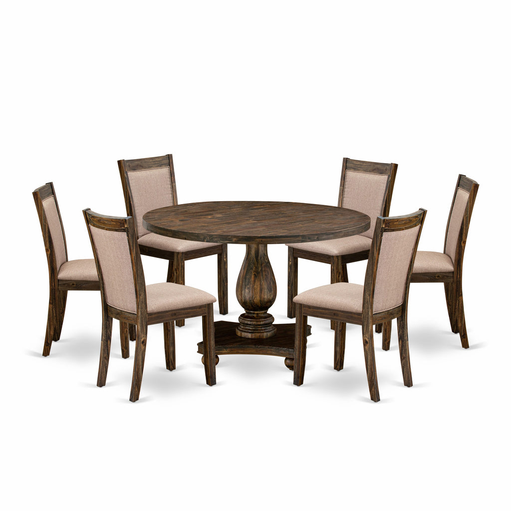 I2MZ7-TU5 Contemporary 7-Piece Dining Set with Pedestal Table and Linen Seats, Distressed Wood Finish