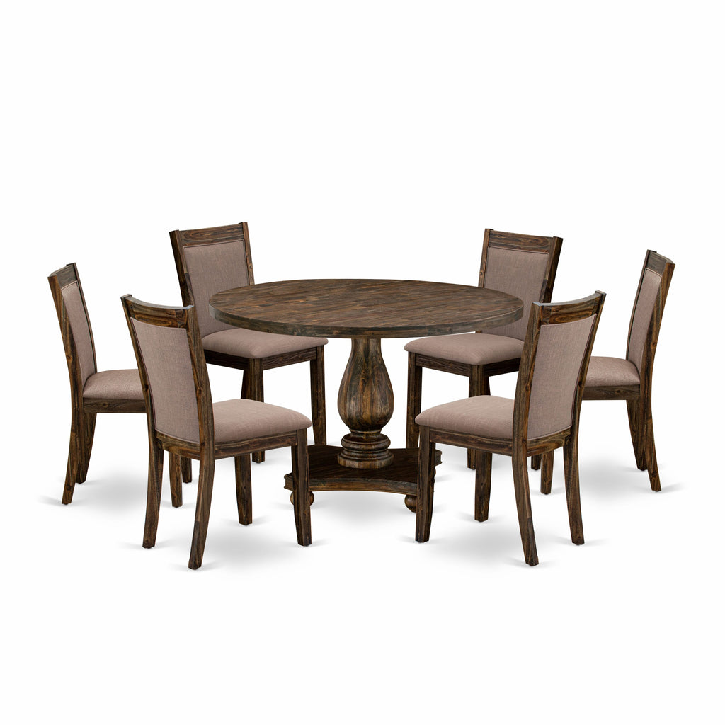 I2MZ7-5Z2 Elegant 7-Piece Pedestal Round Dining Ensemble with Coffee Linen Chairs, Distressed Jacobean Finish
