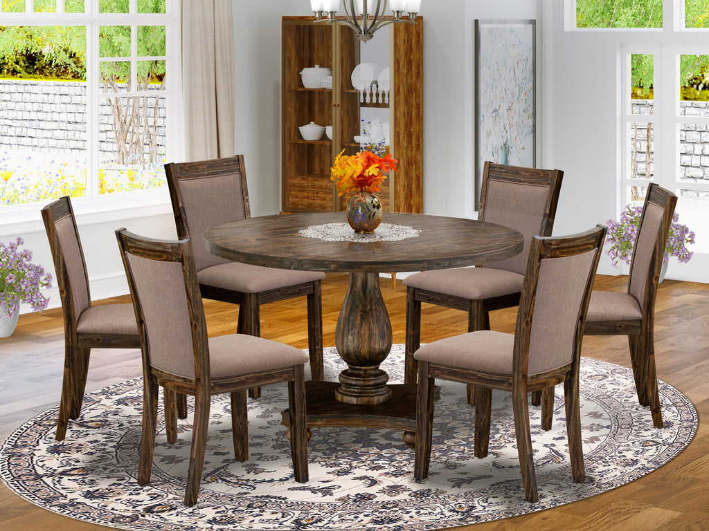 I2MZ7-5Z2 Elegant 7-Piece Pedestal Round Dining Ensemble with Coffee Linen Chairs, Distressed Jacobean Finish