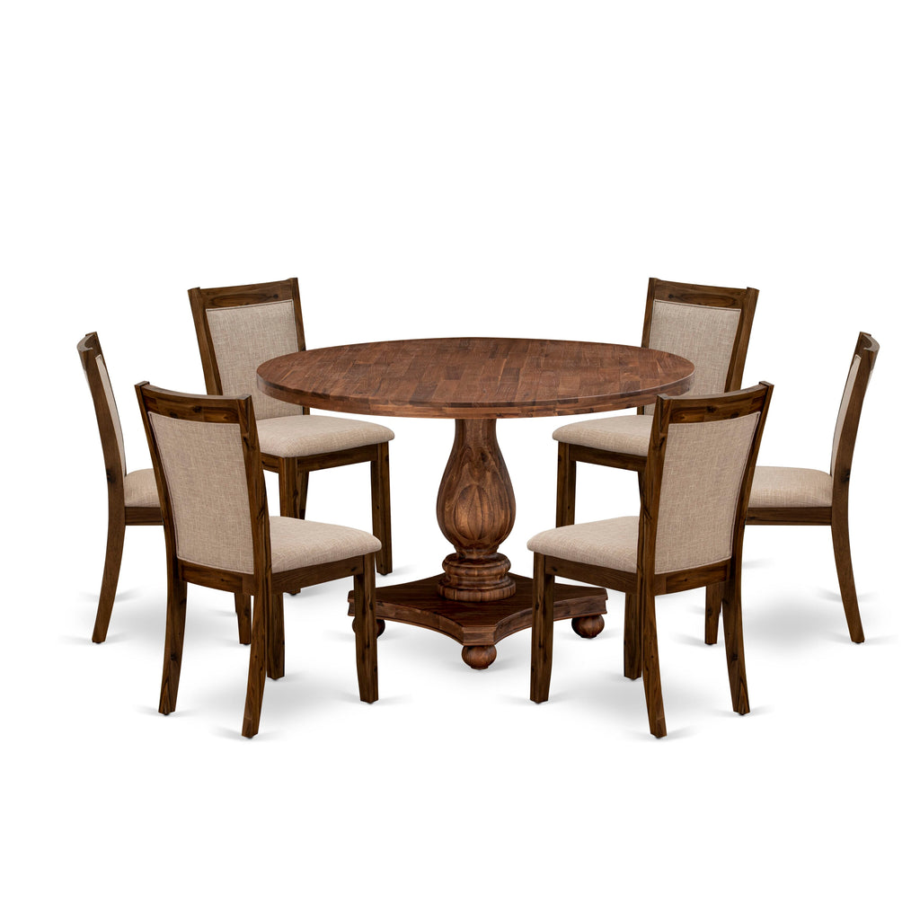 I2MZ7-BJ4 7-Piece Dining Collection with Circular Table & 6 Beige Upholstered Chairs, Classic Walnut Finish