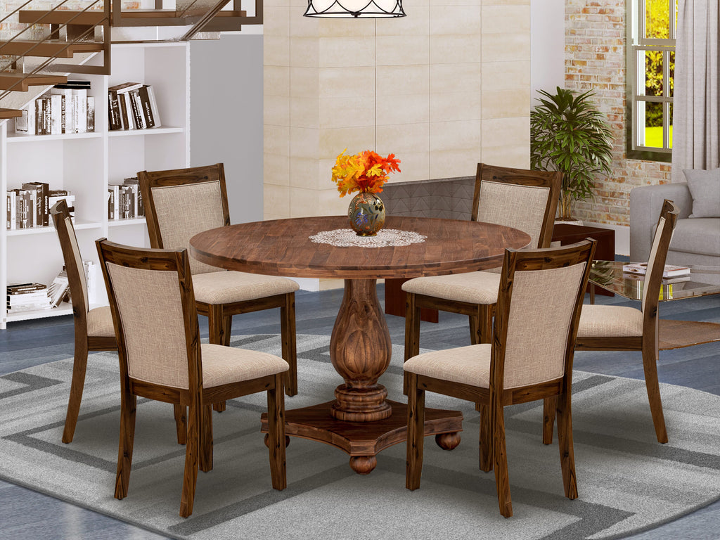 I2MZ7-BJ4 7-Piece Dining Collection with Circular Table & 6 Beige Upholstered Chairs, Classic Walnut Finish