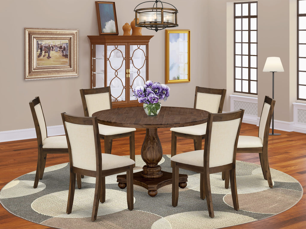 I2MZ7-JI-ZB 7-Piece Dining Set with Round Table and 6 Beige Linen Chairs in Sandblasting Walnut