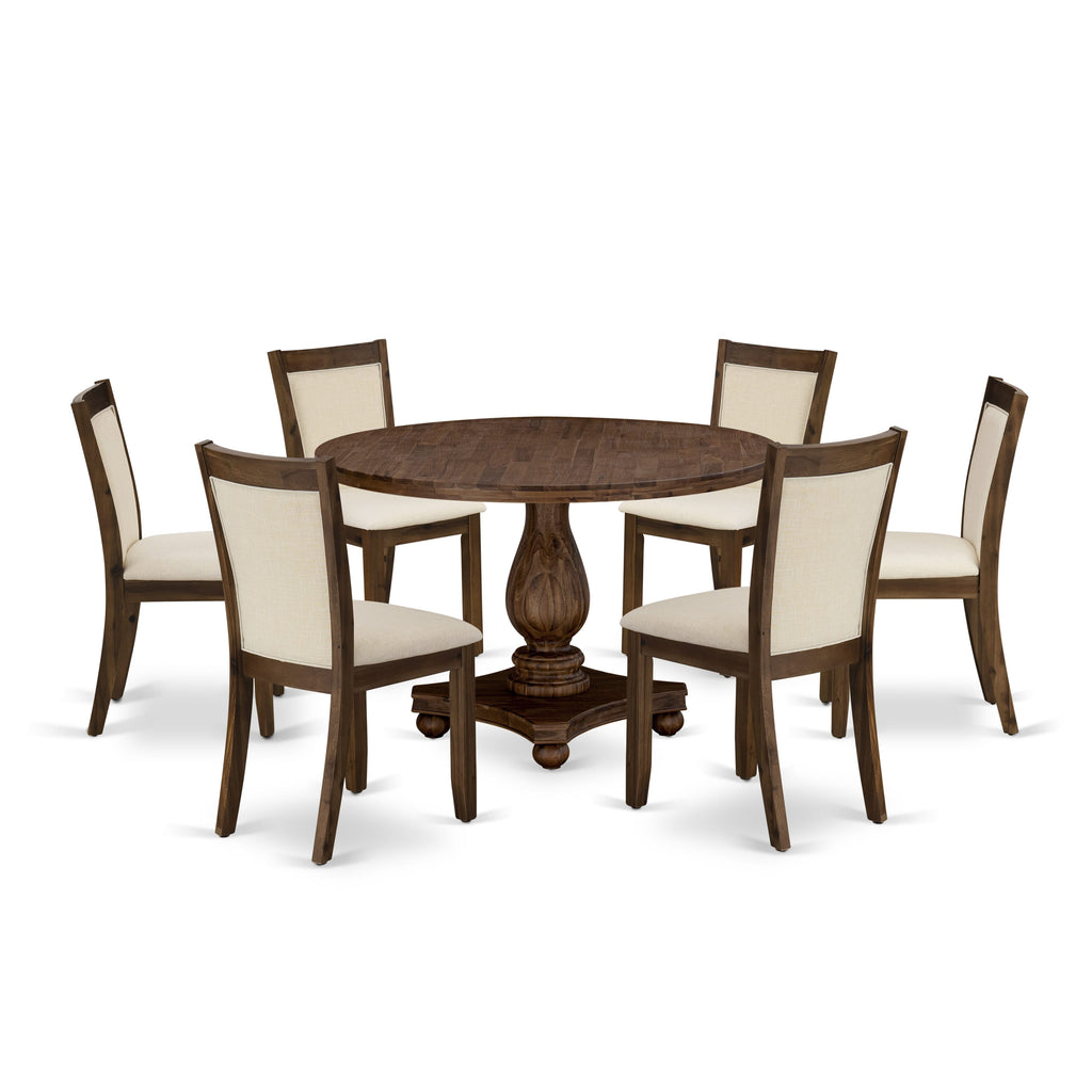 I2MZ7-JI-ZB 7-Piece Dining Set with Round Table and 6 Beige Linen Chairs in Sandblasting Walnut