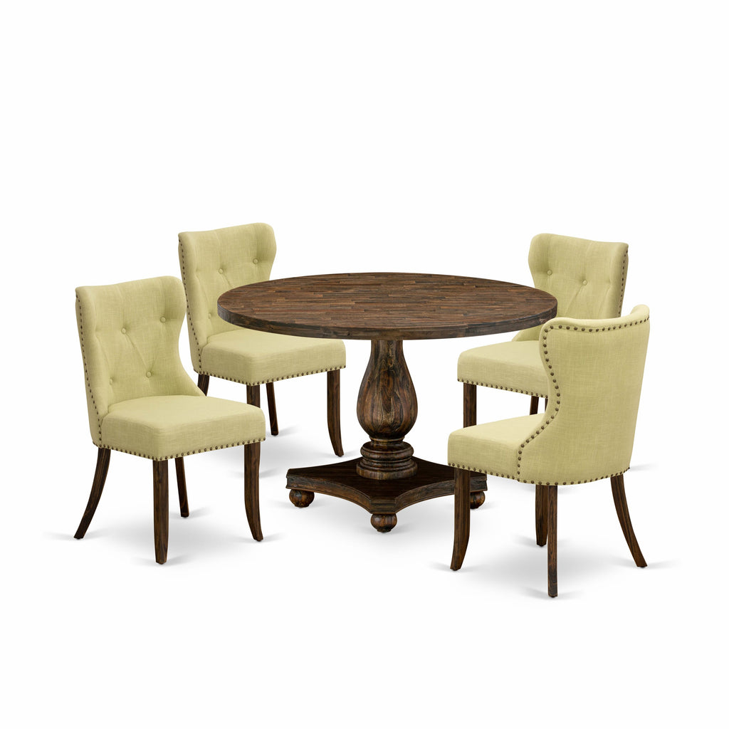 Dining Room Set  I2SI5-6WK 5 Piece Collection with Round Table and Upholstered Chairs, Elegant Finish, Distressed Jacobean