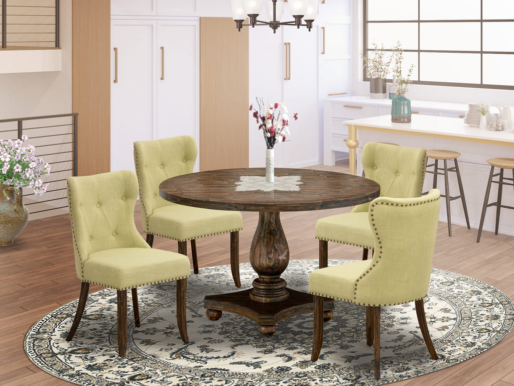 Dining Room Set  I2SI5-6WK 5 Piece Collection with Round Table and Upholstered Chairs, Elegant Finish, Distressed Jacobean