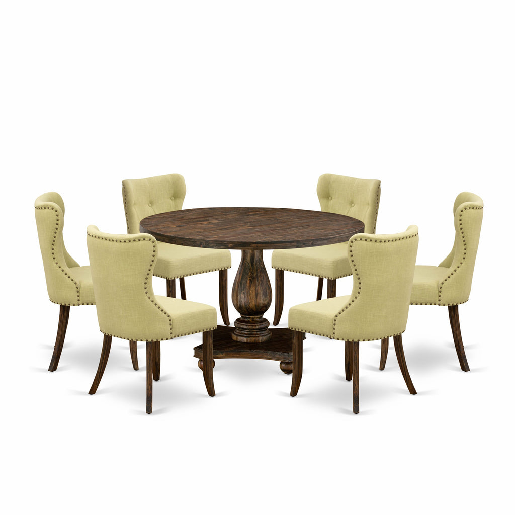 I2SI7-7QS Elegant 7-Piece Dining Ensemble with Round, Pedestal Table and 6 Limelight Upholstered Chairs, Distressed Jacobean