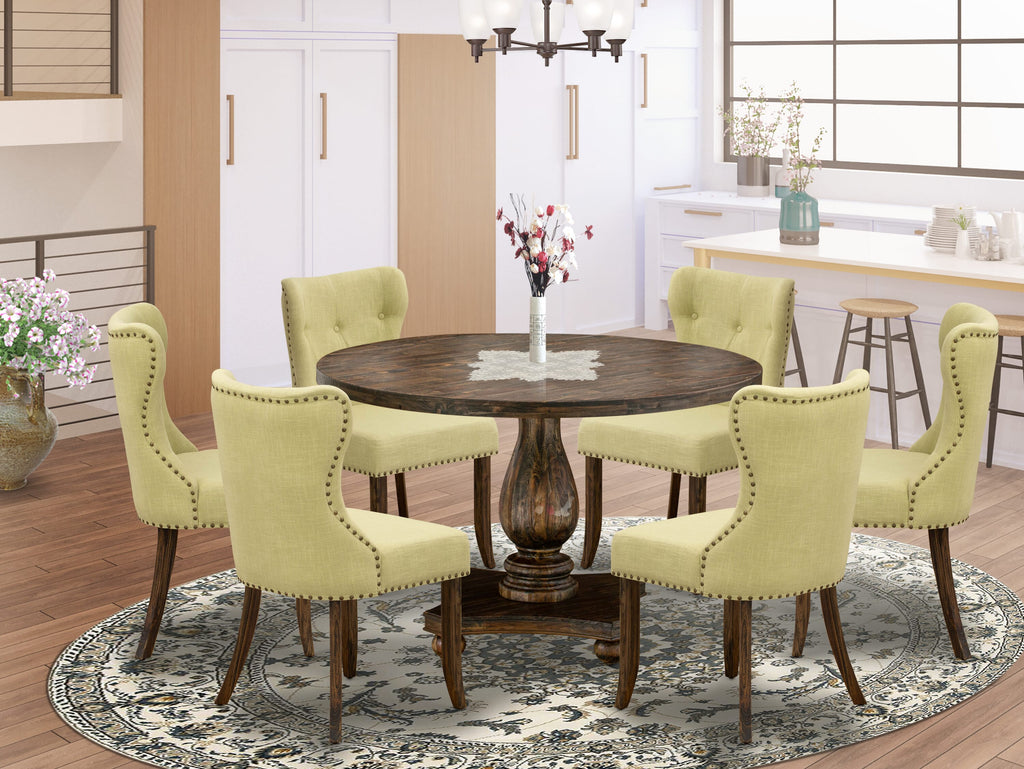 I2SI7-7QS Elegant 7-Piece Dining Ensemble with Round, Pedestal Table and 6 Limelight Upholstered Chairs, Distressed Jacobean