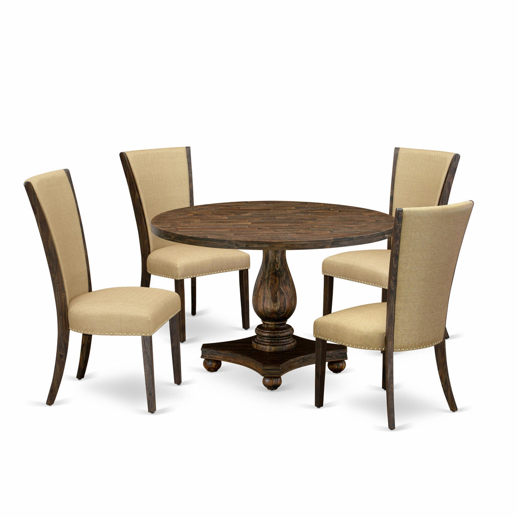 I2VE5-7AP 5 Pc Dining Ensemble Round Pedestal Table + 4 Brown Upholstered Chairs, 48 Jacobean Finish