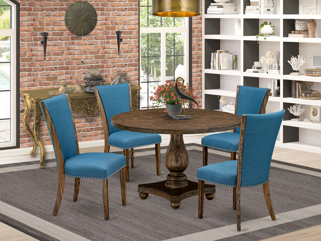 I2VE5-SAW 5-Piece Dining Set with Round Table and Blue Linen Chairs, Vintage Jacobean Style, 48