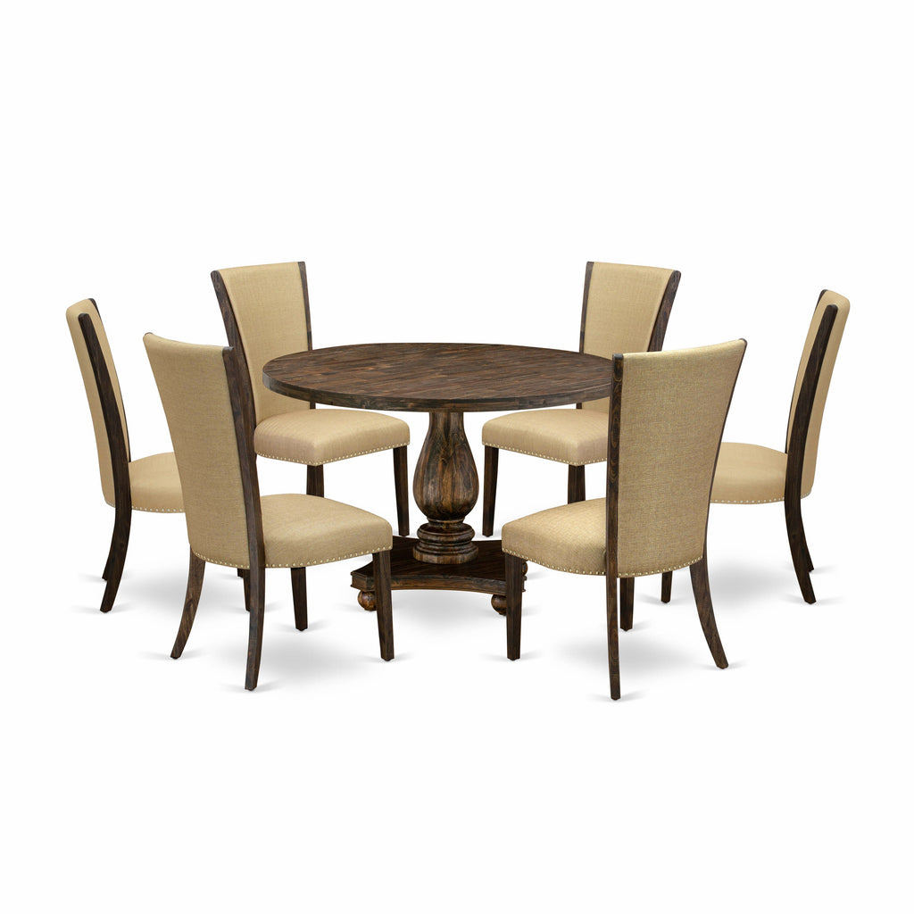 I2VE7-8KH Dining Set Elegant Round Pedestal Table & 6 Luxurious Chairs in Distressed Jacobean Finish