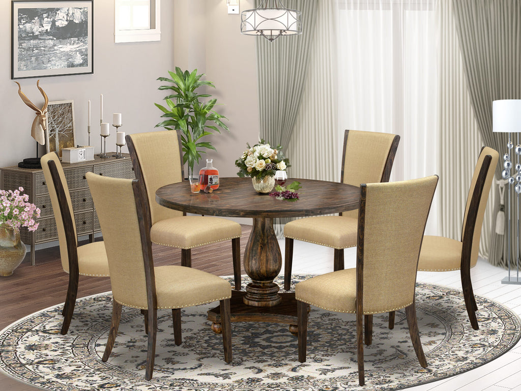 I2VE7-8KH Dining Set Elegant Round Pedestal Table & 6 Luxurious Chairs in Distressed Jacobean Finish