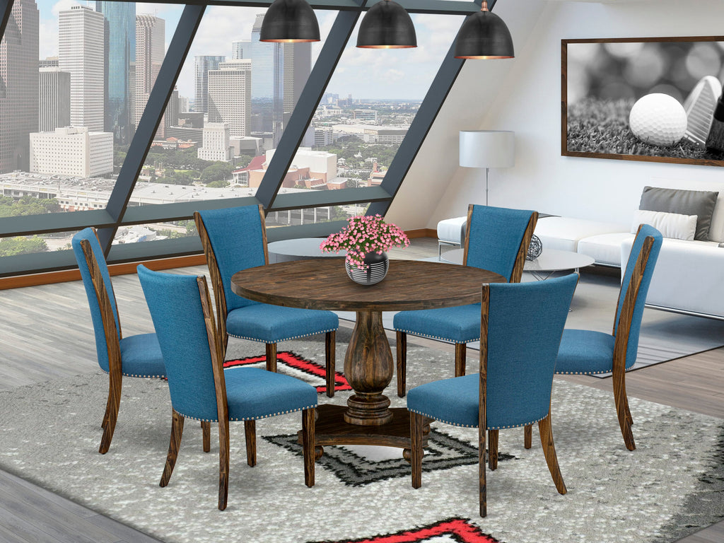 I2VE7-NL9 Refined Dining Ensemble 7-Piece Set with Deluxe Round Pedestal Table and Blue Linen Chairs, 48 Jacobean Finish