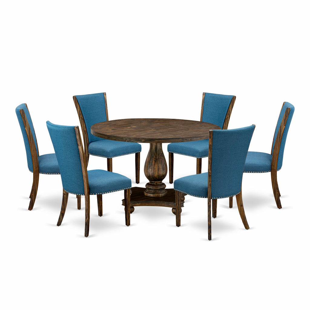 I2VE7-NL9 Refined Dining Ensemble 7-Piece Set with Deluxe Round Pedestal Table and Blue Linen Chairs, 48 Jacobean Finish