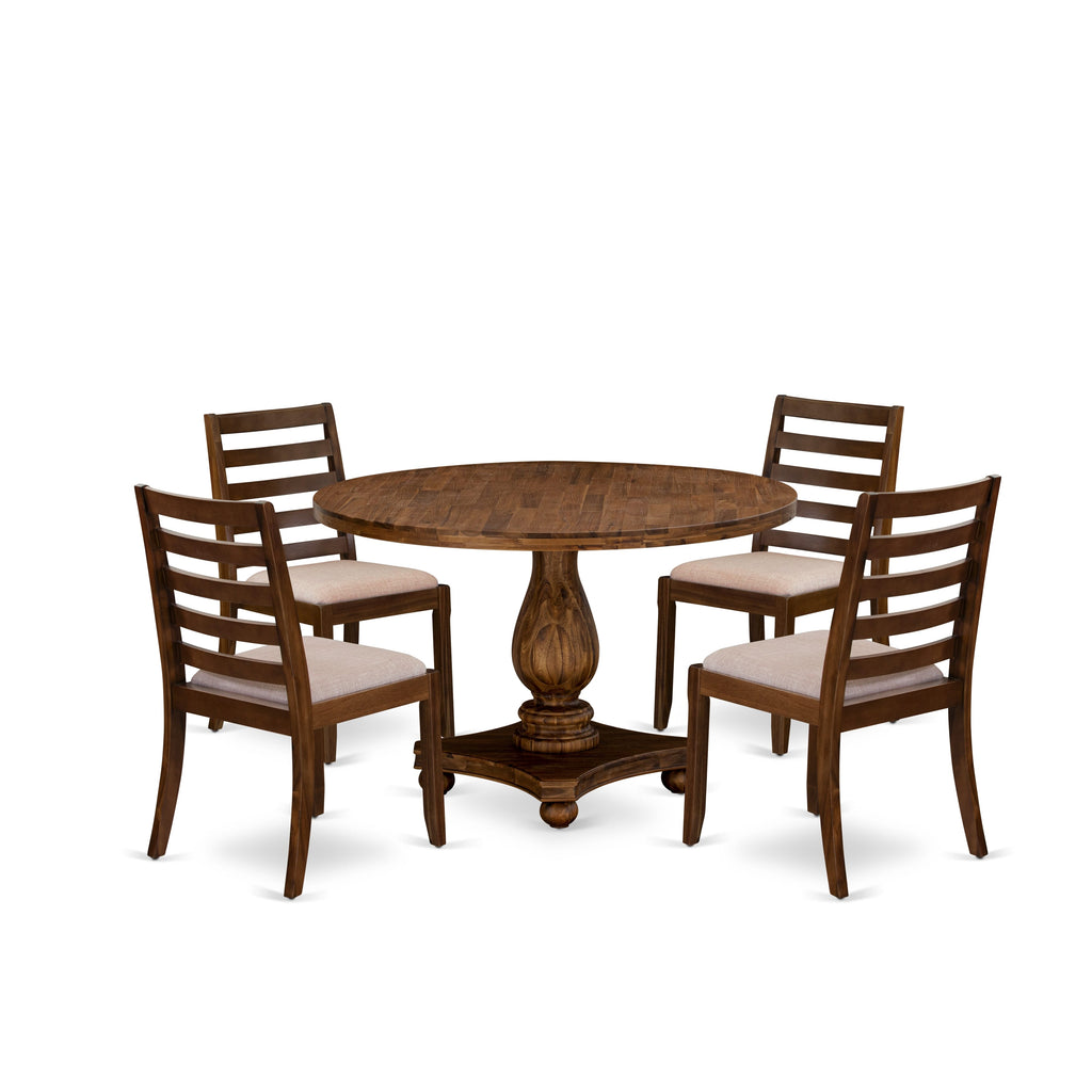 I2X15-9E-75 5-Piece Round Dining Ensemble with Antique Walnut Finish and Stackable Chairs in Light Tan Linen