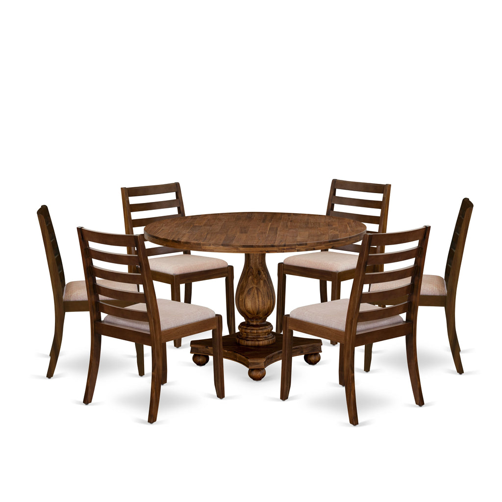 I2X17-QR-R2 Elegant 7-piece Dining Set with Round Table & Stackable Upholstered Chairs in Antique Finish