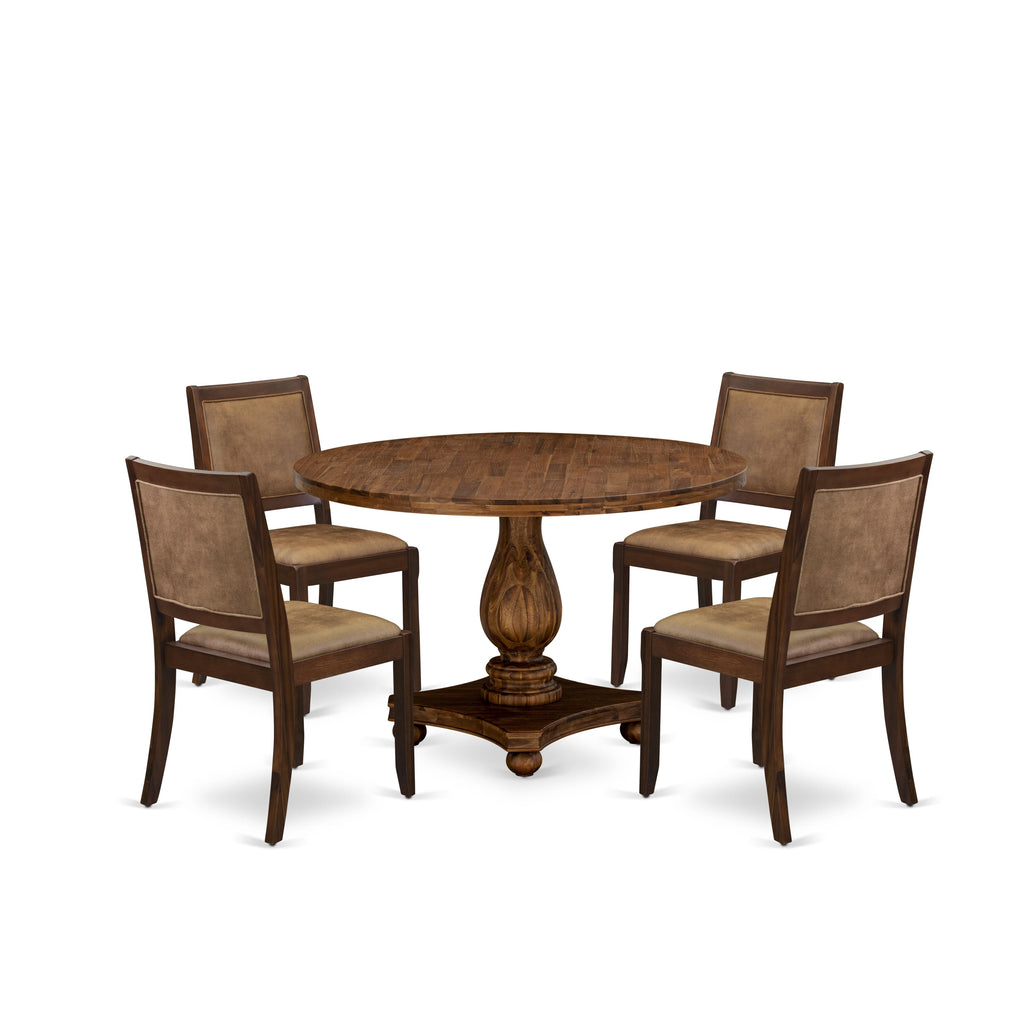 5-piece Dining Set I2X25-Y4-TY with Round Antique Walnut Table and 4 Texture Faux Leather Chairs