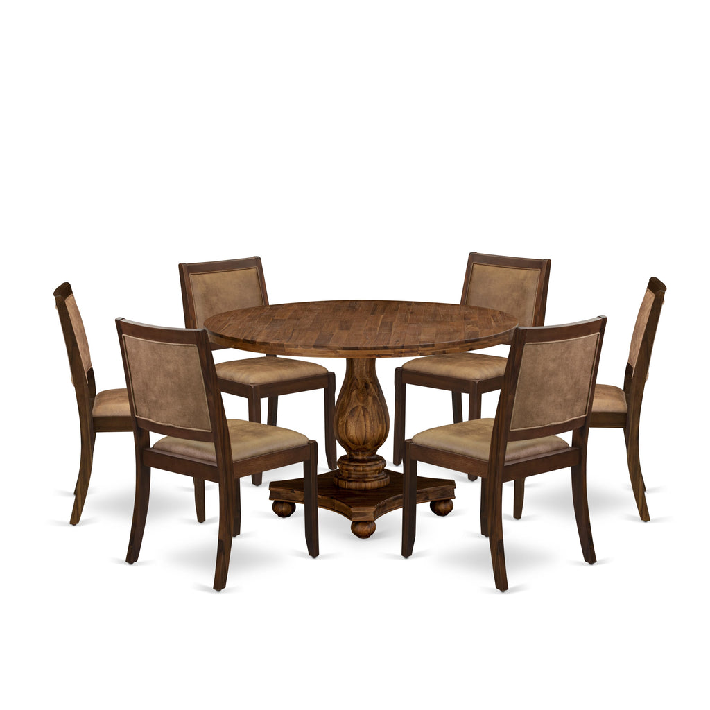 I2X27-QG-88 Elegant 7-Piece Round Dining Table Set with Faux Leather Chairs in Antique Walnut