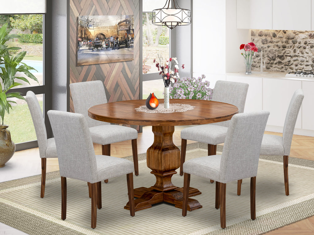 I3AB7-97I 7-Piece Dining Ensemble with Circular Table and Doeskin Chairs, Antique Walnut Finish