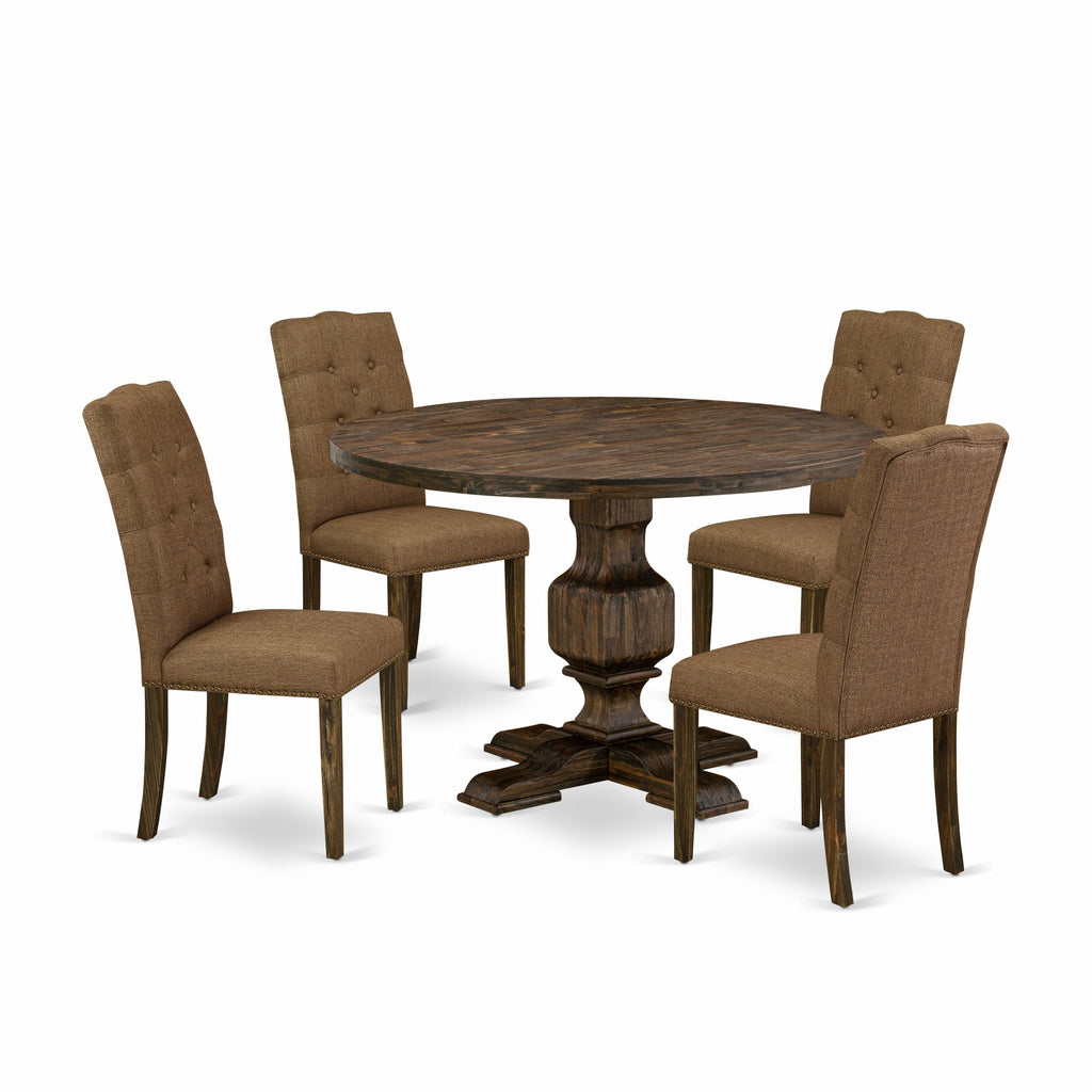I3EL5-08A 5-Piece Dining Set with Round Pedestal Table & 4 Brown Upholstered Chairs, 48 Distressed Jacobean