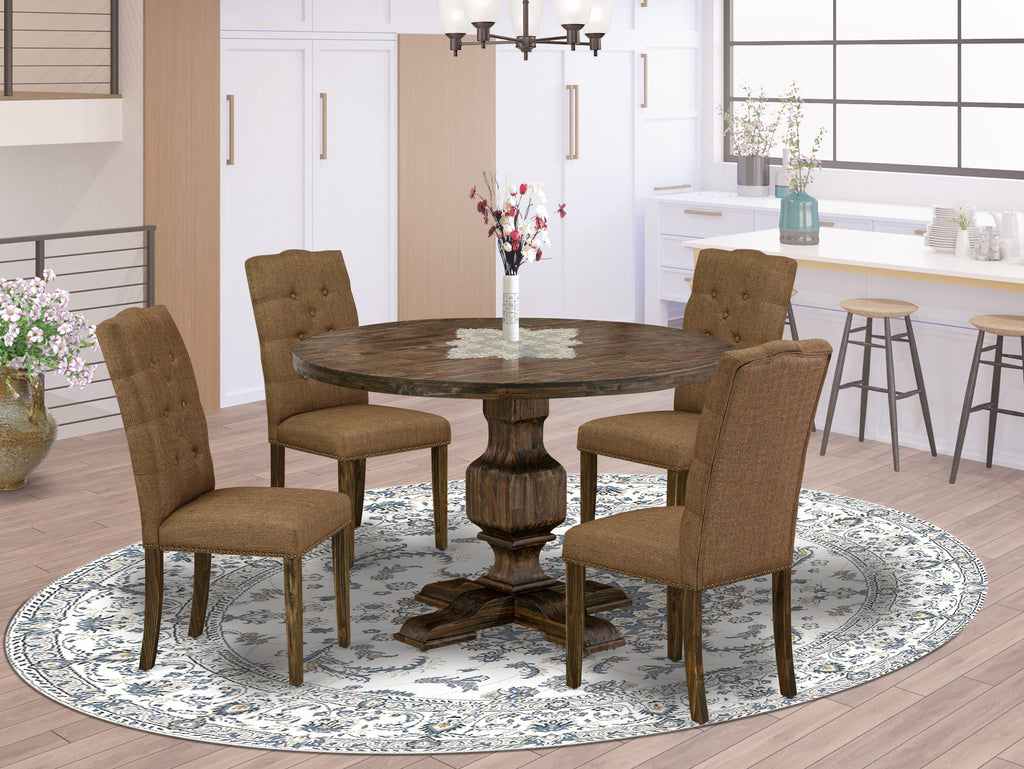 I3EL5-08A 5-Piece Dining Set with Round Pedestal Table & 4 Brown Upholstered Chairs, 48 Distressed Jacobean