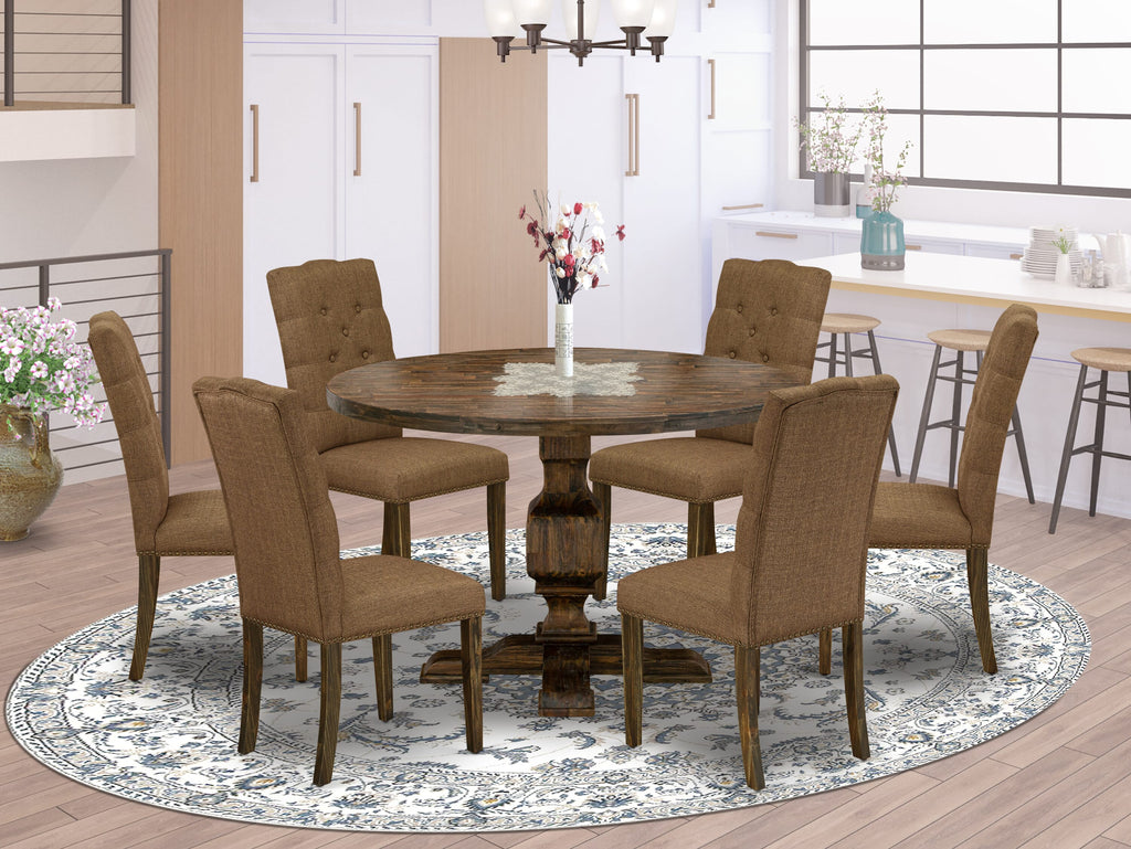 I3EL7-WGH 7-Piece Dining Ensemble Round Pedestal Table & Six Brown Linen Upholstered Chairs, 48 Distressed Jacobean