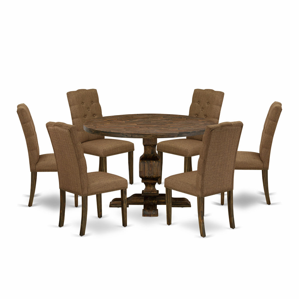 I3EL7-WGH 7-Piece Dining Ensemble Round Pedestal Table & Six Brown Linen Upholstered Chairs, 48 Distressed Jacobean