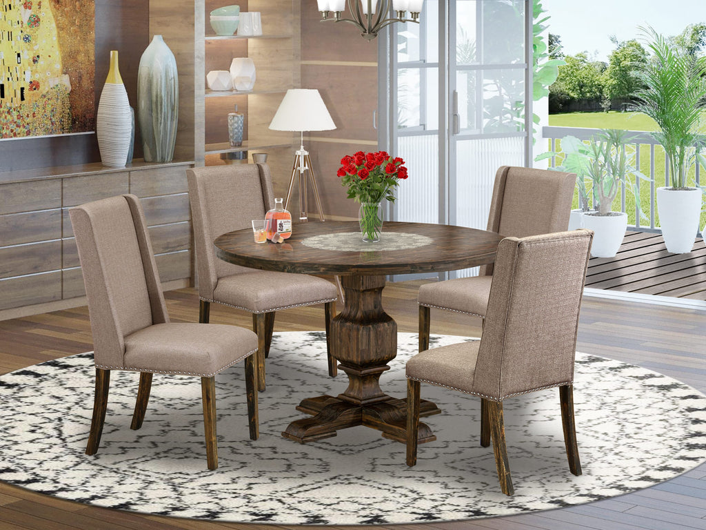 I3FL5-PWE 5-Piece Dining Set with Round Pedestal Table and 4 Parson Chairs in Distressed Jacobean, Dark Khaki Linen Upholstery, 48x48 Inch