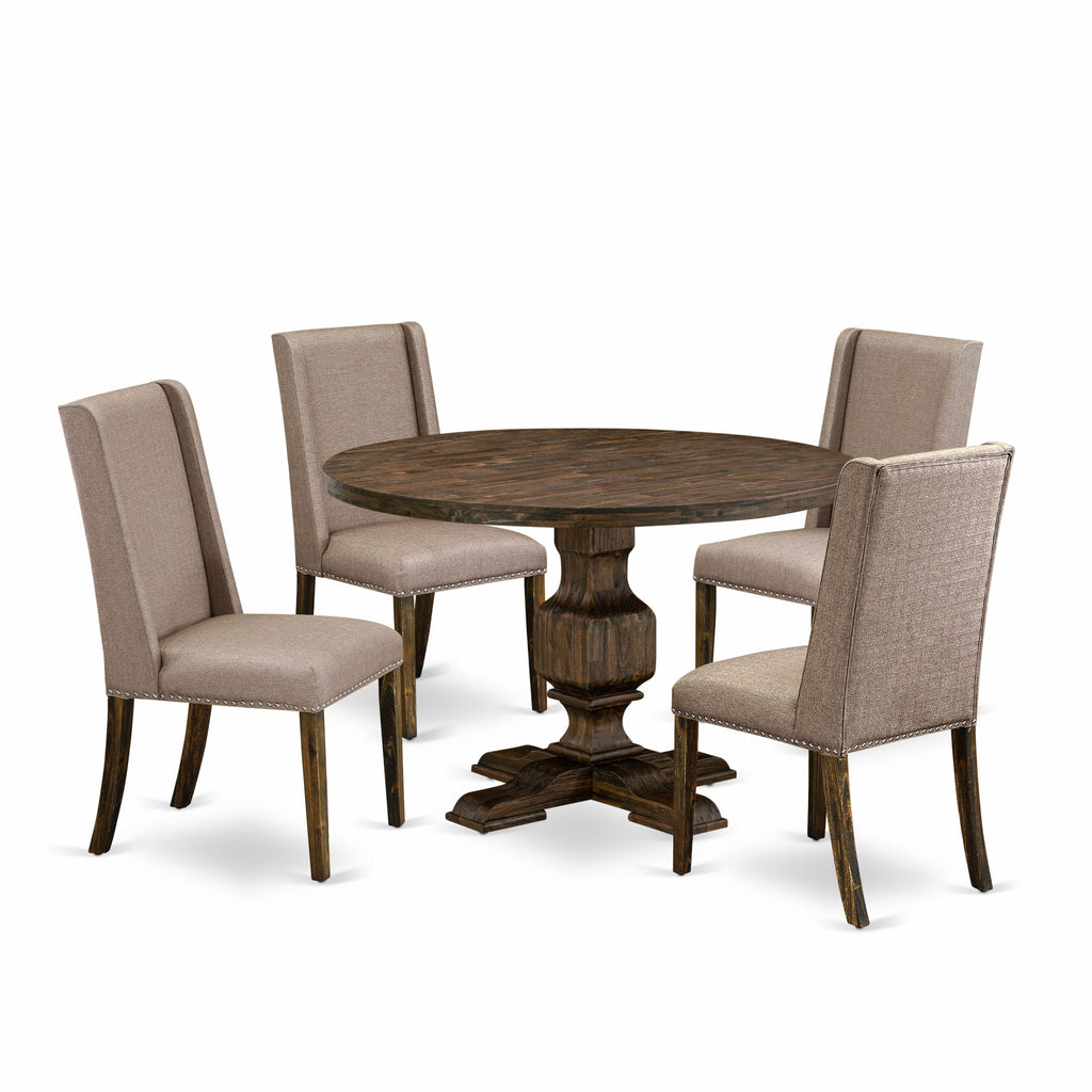 I3FL5-PWE 5-Piece Dining Set with Round Pedestal Table and 4 Parson Chairs in Distressed Jacobean, Dark Khaki Linen Upholstery, 48x48 Inch